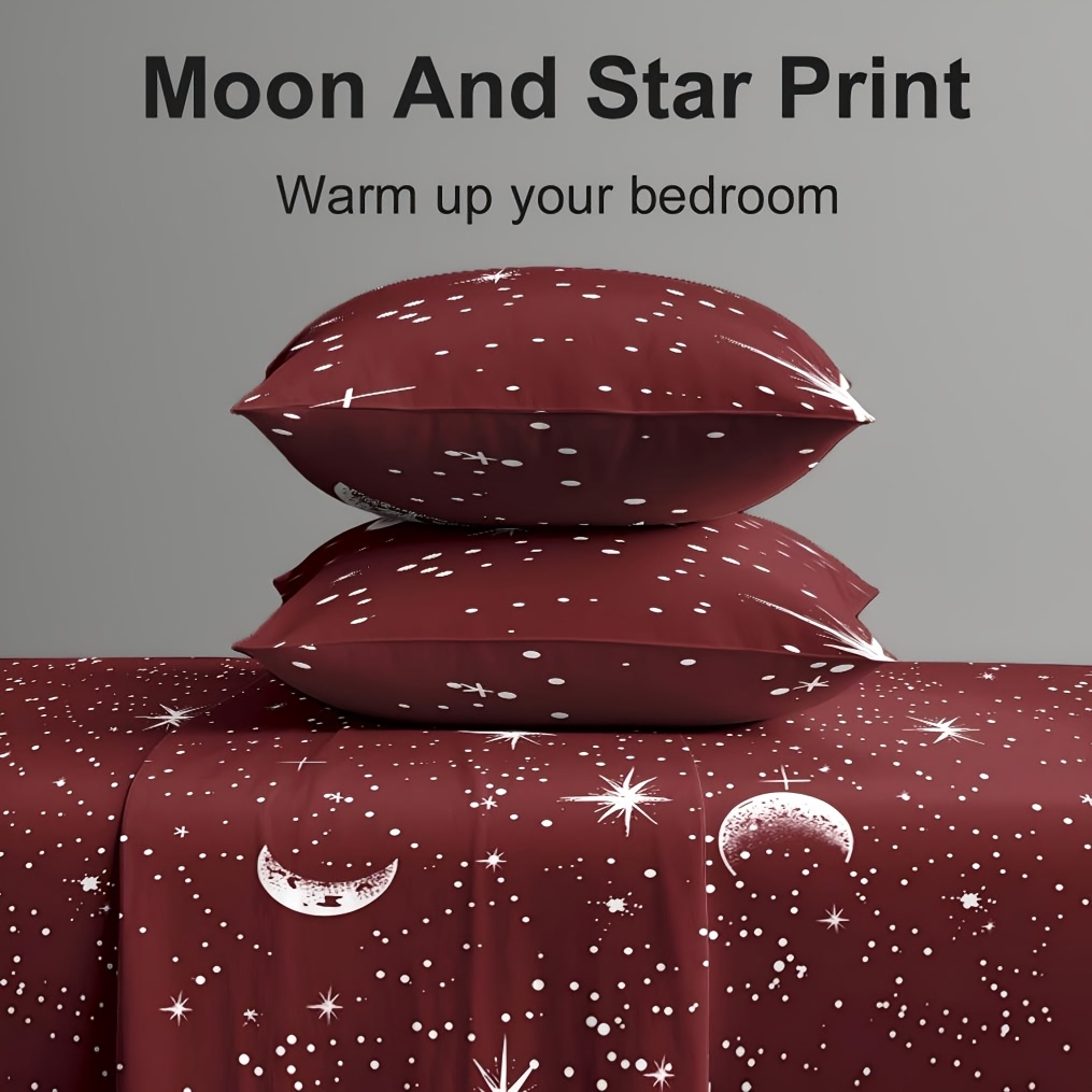Bed Sheet Microfiber - 4피스 레드 문 앤 스타 프린트