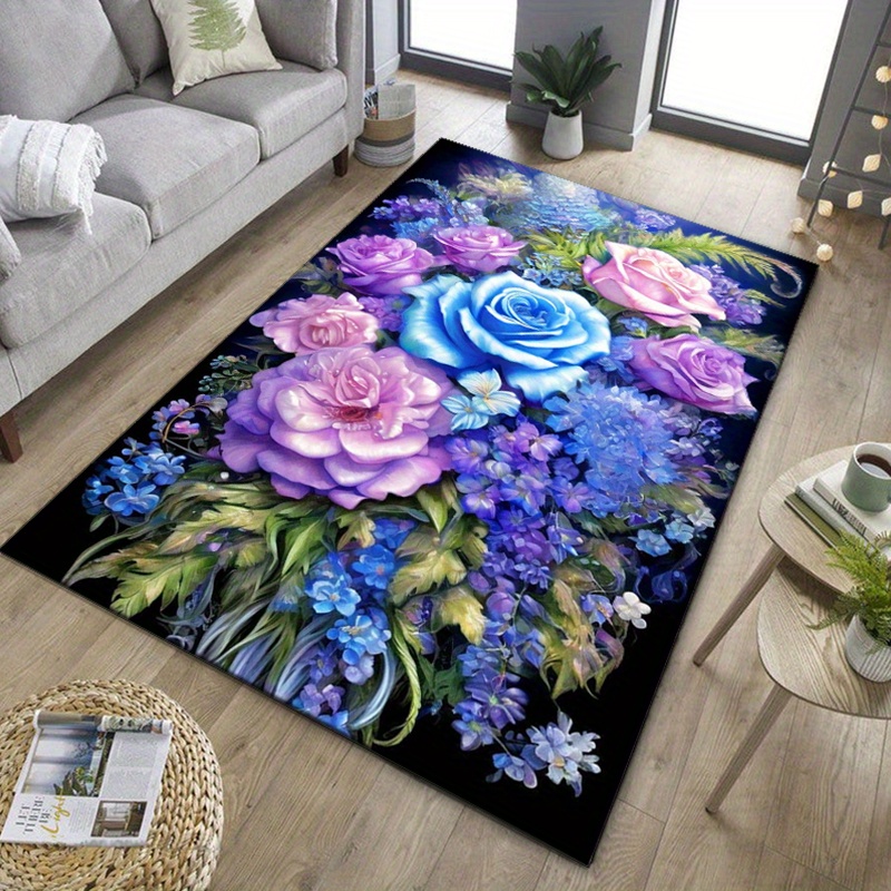 파란색과 보라색 장미가 있는 꽃무늬 러그는 거실의 우아 - Your Home Textiles 리뷰 및 가격